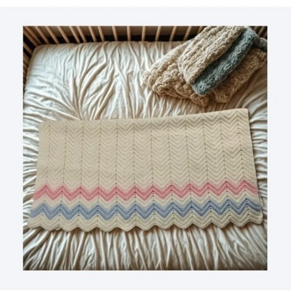 Handmade Crochet‎ Baby Blanket Chevron Ripple Cream Pink Blue Pastel Nursery